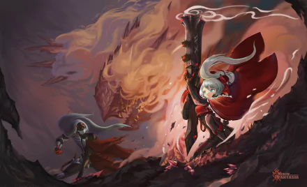 Anime-style HD desktop wallpaper from Pixiv Fantasia, featuring two characters battling amidst dark, fiery surroundings with dramatic lighting and dynamic poses.