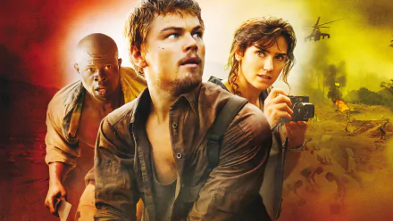 HD PC wallpaper of three Blood Diamond characters: a rugged man in the foreground, a woman holding a camera, and a tense man behind them against a fiery, dust-filled African backdrop.