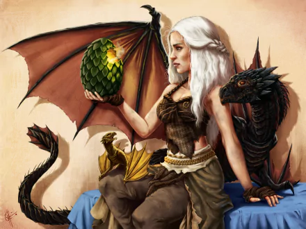 A stunning HD wallpaper featuring Daenerys Targaryen with white hair, holding a dragon egg, accompanied by a dragon, capturing the essence of fantasy from Game of Thrones.