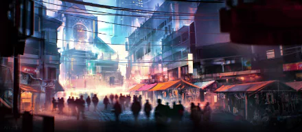 A vibrant sci-fi cityscape at night, bustling with shadowy figures. Neon lights reflect off futuristic buildings, showcasing a captivating blend of urban life and advanced technology.