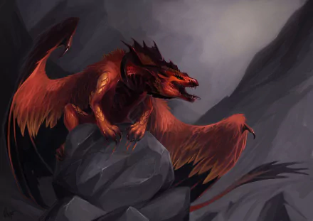 HD fantasy PC desktop wallpaper featuring a fierce red dragon perched on a rocky outcrop against a dark, smoky mountainous background.