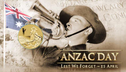 HD PC desktop wallpaper of an ANZAC Day holiday: a soldier bugler, remembrance medal and Australian flag with Lest We Forget — 25 April.