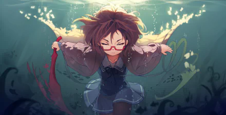 Mirai Kuriyama from the anime Beyond the Boundary is depicted swimming underwater, her vibrant surroundings illuminated with bubbles and light, showcasing a dynamic and enchanting scene.