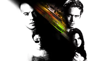 HD PC desktop wallpaper featuring Jordana Brewster, Michelle Rodriguez, Paul Walker, and Vin Diesel from the movie The Fast and the Furious with a vibrant car scene.