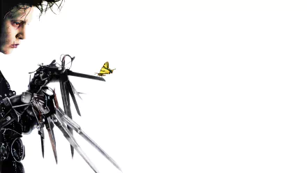 HD desktop wallpaper featuring Johnny Depp as Edward Scissorhands, with his scissor-like hands extended toward a yellow butterfly on a white background.