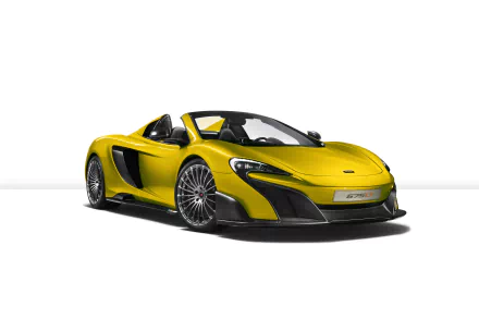 Yellow McLaren 675LT supercar showcased in a 4K Ultra HD desktop wallpaper, featuring sleek design and high-performance vehicle details against a white background.
