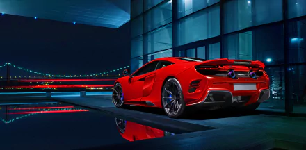 HD PC wallpaper showcasing a red McLaren 675LT supercar parked near a modern glass building with city lights and reflections at night.