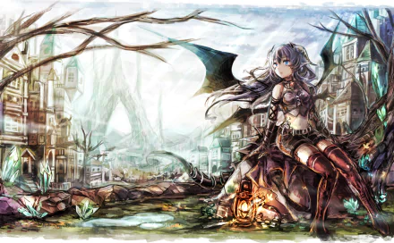 HD anime original desktop wallpaper featuring a fantasy female character with wings sitting by a glowing lantern in a ruined village setting.
