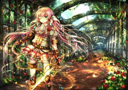 Colorful original anime artwork of a girl with flowing hair and a glowing sword, set in a vibrant, sunlit garden pathway, designed as an HD PC desktop wallpaper.