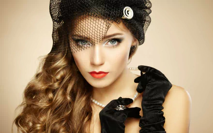 Portrait of a blonde woman with blue eyes, red lipstick, curled hair, wearing a black hat with netting, pearl necklace, and black gloves, by Arina Postnikova.