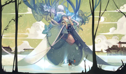 Anime-style Pixiv Fantasia HD desktop wallpaper featuring a mystical character with flowing garments and ethereal blue spirits against a serene, scenic backdrop.