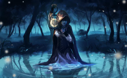 Anime original: hooded figure in a dark cloak holds a glowing lantern above a moonlit forest pond, reflected in rippling water — 2K Quad HD PC desktop wallpaper and background.