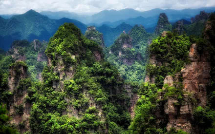 Lush green cliffs and towering rock formations in Zhangjiajie National Forest Park, China, showcasing a dramatic mountain landscape under a cloudy sky.