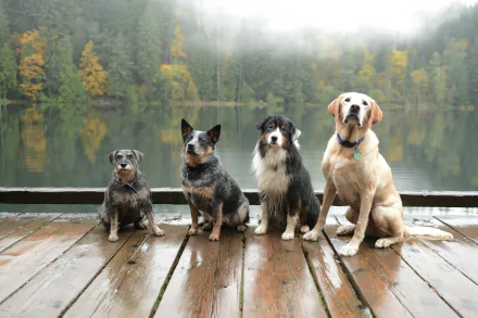 Four dogs including a Labrador Retriever and Australian Cattle Dog sit on a foggy dock by a lake in a forest, captured in an HD PC desktop wallpaper background.