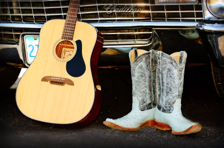 A guitar and a pair of worn boots are positioned in front of a classic Cadillac, captured in a vibrant 4K Ultra HD desktop wallpaper.