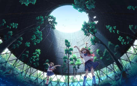 An original anime-style HD desktop wallpaper depicting two cheerful characters in a lush, overgrown setting beneath a circular structure, with vibrant greenery and a bright sky above.