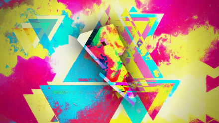 Vivid HD PC desktop wallpaper for Proximity (Music Label): layered neon triangles and paint-splatter textures in cyan, magenta and yellow — a bold, geometric music-themed background.