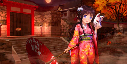 A young anime girl in a vibrant kimono holds a mask and an umbrella, surrounded by autumn leaves and a charming festival backdrop under a glowing moon. 4K Ultra HD wallpaper.