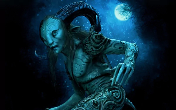 HD desktop wallpaper featuring a detailed, eerie creature from the movie Pan's Labyrinth against a moonlit night sky.