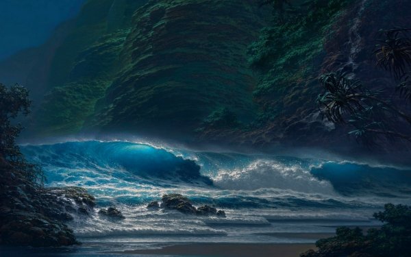 Earth Seascape Ocean Wave Palm Tree Mountain HD Wallpaper | Background Image