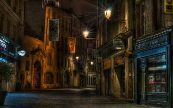 HDR night view of a quiet, dimly lit street with historic buildings and glowing lamps, captured as an HD PC desktop wallpaper and background.