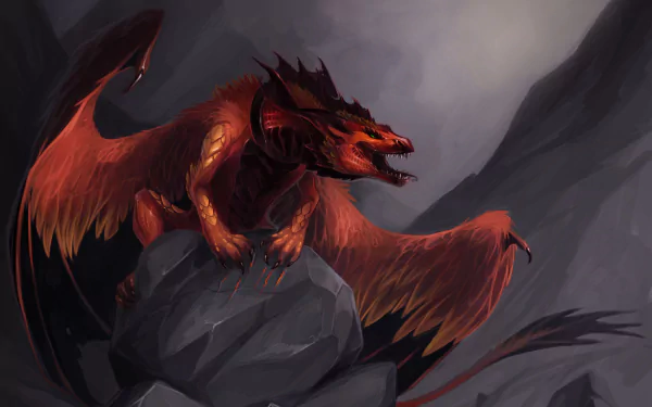 HD fantasy PC desktop wallpaper featuring a fierce red dragon perched on a rocky outcrop against a dark, smoky mountainous background.