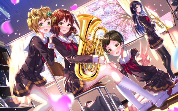 HD anime desktop wallpaper featuring Hazuki Katou, Sapphire Kawashima, Reina Kousaka, and Kumiko Oumae from Sound! Euphonium in school uniforms with musical instruments.
