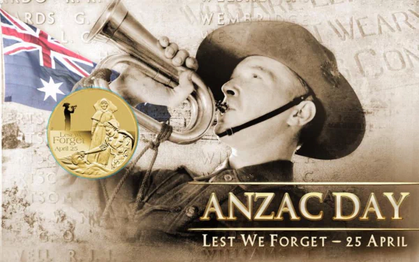 HD PC desktop wallpaper of an ANZAC Day holiday: a soldier bugler, remembrance medal and Australian flag with Lest We Forget — 25 April.