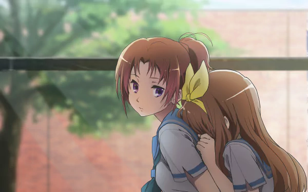 HD PC desktop wallpaper of Yuuko Yoshikawa and Natsuki Nakagawa from Sound! Euphonium, Yuuko gently consoling a tearful Natsuki on a sunlit school veranda.