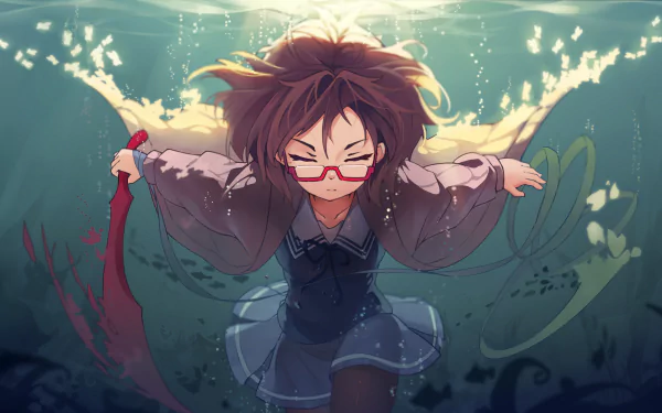 Mirai Kuriyama from the anime Beyond the Boundary is depicted swimming underwater, her vibrant surroundings illuminated with bubbles and light, showcasing a dynamic and enchanting scene.