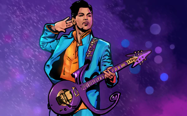 HD desktop wallpaper featuring American singer Prince playing a purple guitar against a vibrant purple background.