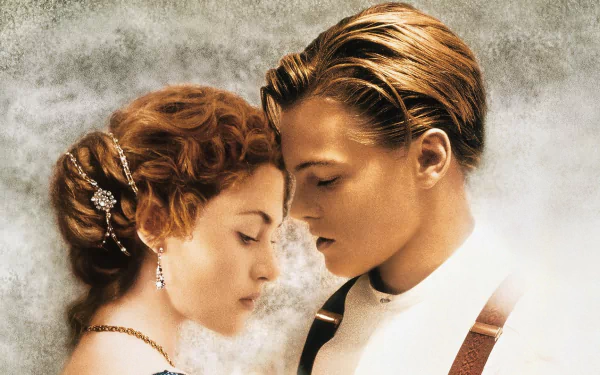 HD desktop wallpaper featuring Leonardo DiCaprio and Kate Winslet in the movie Titanic. Both actors are elegantly dressed and gazing downwards, capturing a moment of emotional intensity.
