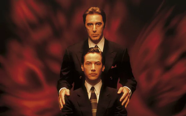 HD desktop wallpaper featuring Al Pacino and Keanu Reeves from the movie The Devil's Advocate, set against a dark, fiery red backdrop.