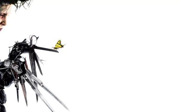 HD desktop wallpaper featuring Johnny Depp as Edward Scissorhands, with his scissor-like hands extended toward a yellow butterfly on a white background.