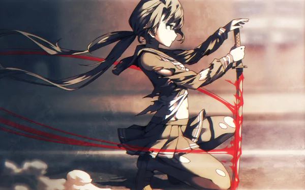 A striking HD wallpaper featuring Sayoko Takayama from THE iDOLM@STER: Million Live!, depicting her with vibrant ribbons and a dynamic pose against an urban backdrop.
