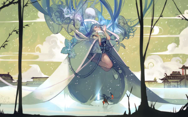 Anime-style Pixiv Fantasia HD desktop wallpaper featuring a mystical character with flowing garments and ethereal blue spirits against a serene, scenic backdrop.