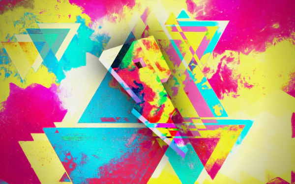 Vivid HD PC desktop wallpaper for Proximity (Music Label): layered neon triangles and paint-splatter textures in cyan, magenta and yellow — a bold, geometric music-themed background.