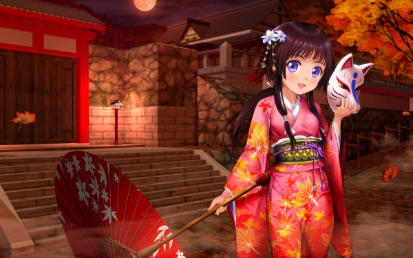 Anime Chica Long Hair Kimono Paraguas Otoño Mascara Festival Fondo de pantalla HD | Fondo de Escritorio