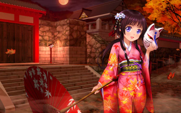 A young anime girl in a vibrant kimono holds a mask and an umbrella, surrounded by autumn leaves and a charming festival backdrop under a glowing moon. 4K Ultra HD wallpaper.