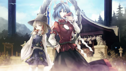 Touhou HD desktop wallpaper: Suwako Moriya (frog hat) and Kanako Yasaka posing before a Shinto shrine beneath a bright sky with soft clouds and warm lighting.