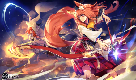 Anime-style HD PC desktop wallpaper from Pixiv Fantasia T, featuring a dynamic fox-eared warrior wielding a glowing sword amid swirling energy and vibrant colors.