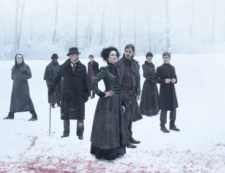 A dramatic scene from the TV show Penny Dreadful, featuring Eva Green and a group of characters in dark attire, set against a snowy backdrop.