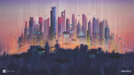 Futuristic neon cityscape at dusk with hovering platforms and airborne vehicles, a 4K Ultra HD PC desktop wallpaper branded GOG — futuristic gaming vibe.