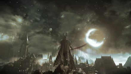 A dramatic HD wallpaper from Dark Souls III, featuring a towering figure against a moody sky with a crescent moon, set in a haunting, atmospheric landscape.