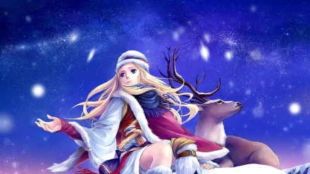 HD PC desktop wallpaper: anime blonde woman with long hair and blue eyes wearing a winter hat, sitting in snow beside a reindeer under a starry sky.