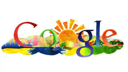 Colorful summer-themed drawing featuring the Google logo, enhanced by a vibrant sun and tropical elements, presented as an HD desktop wallpaper for technology enthusiasts.