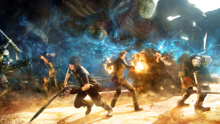 An action-packed scene from Final Fantasy XV featuring Noctis, Prompto, Ignis, and Gladiolus battling the Titan against a vivid, dynamic background. An epic HD wallpaper for fans of the game.