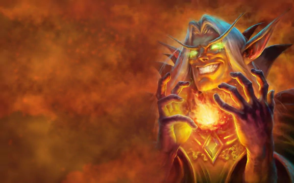 Whispers of the Old Gods HD PC desktop wallpaper from the video game Hearthstone: Heroes of Warcraft — a maddened elf-like warlock clutching a glowing, fiery orb against a smoky orange sky.