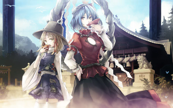 Touhou HD desktop wallpaper: Suwako Moriya (frog hat) and Kanako Yasaka posing before a Shinto shrine beneath a bright sky with soft clouds and warm lighting.