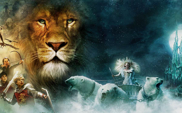 HD PC desktop wallpaper of The Chronicles of Narnia: The Lion, the Witch and the Wardrobe — Aslan looming over the Pevensie children, the White Witch and polar bears in snowy Narnia.